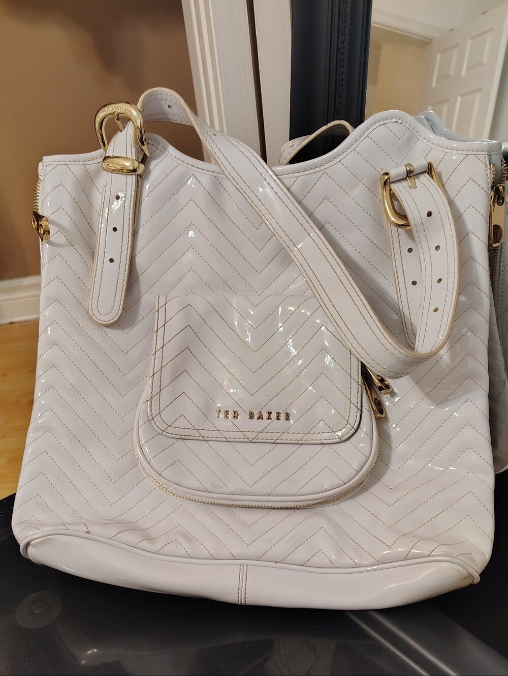 Ted Baker White Patent Chevron Tote with Gold Hardware